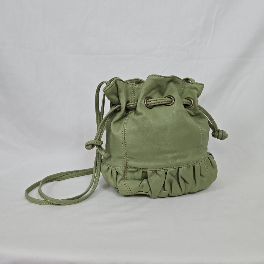 Light Green Faux Leather Ruffled Panel Flat Bottom Snap Drawstring Bucket Bag